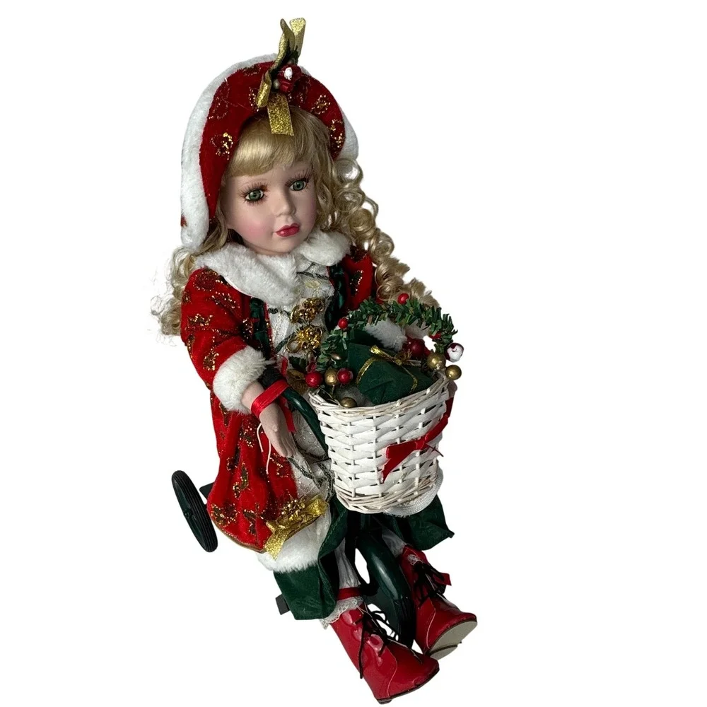 Vintage Porcelain Christmas Doll on Tricycle Red Velvet Gold Glitter 16‎ inch